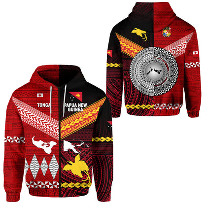 Papua New Guinea And Tonga Zip Hoodie Polynesian Together Red