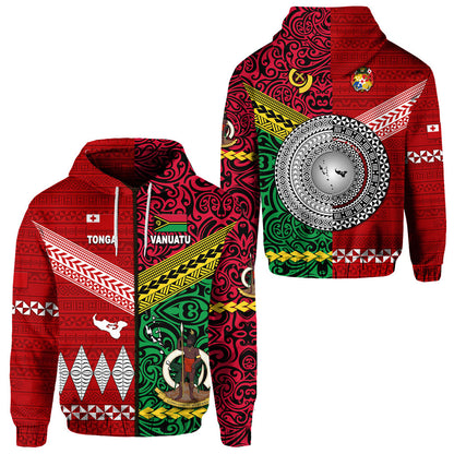 Vanuatu And Tonga Zip Hoodie Polynesian Together Bright Red