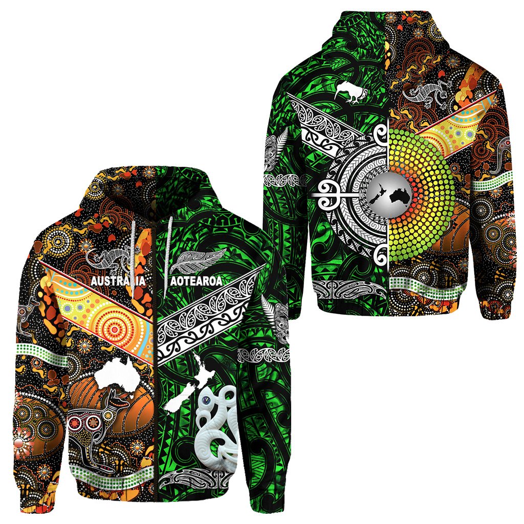 New Zealand Maori Aotearoa And Australia Aboriginal Zip Hoodie Together Green