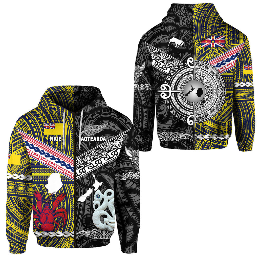 ( Personalised) New Zealand Maori Aotearoa And Niue Together Zip Hoodie Black, Text And Number