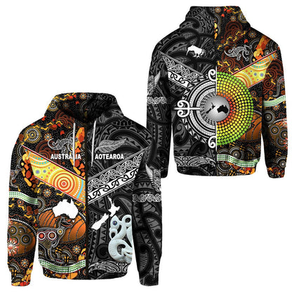 New Zealand Maori Aotearoa And Australia Aboriginal Zip Hoodie Together Black