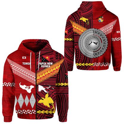 Papua New Guinea And Tonga Zip Hoodie Polynesian Together Bright Red