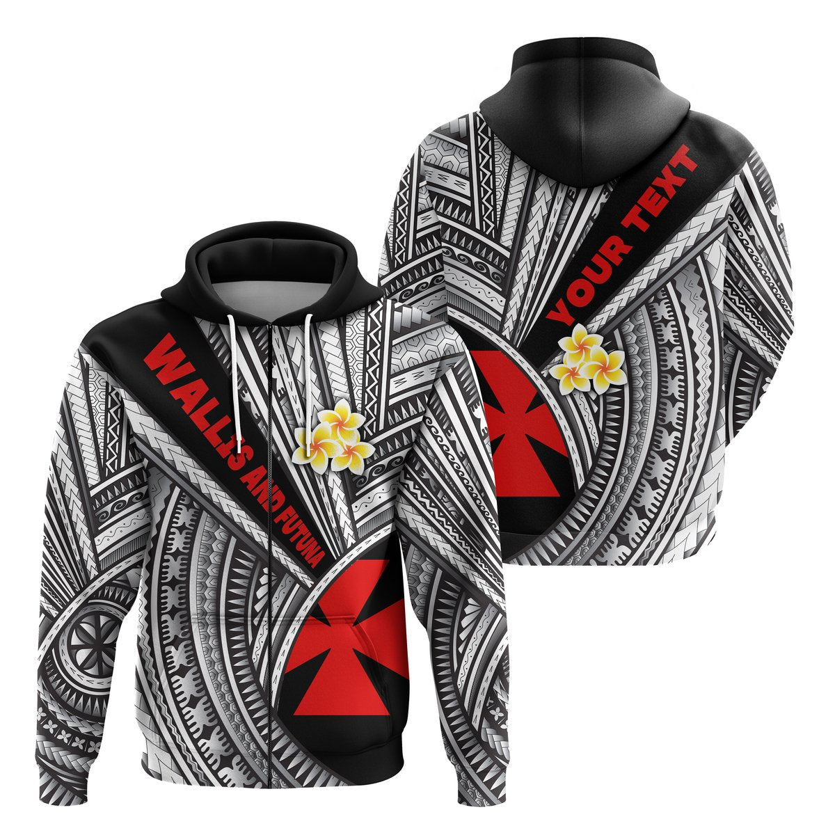 Custom Text Wallis and Futuna Zip Hoodie Polynesian Style Black