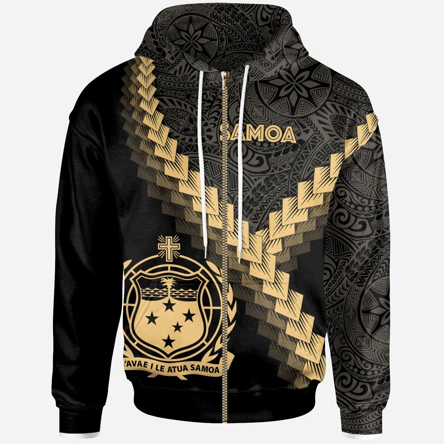Samoa Zip Up Hoodie Samoa Coat Of Arms With Polynesian Tattoo Gold