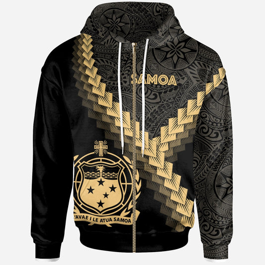 Samoa Zip Up Hoodie Samoa Coat Of Arms With Polynesian Tattoo Gold