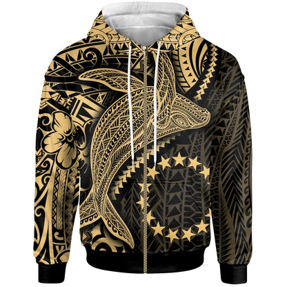Cook Islands Zip Up Hoodie Humpback Whale & Coat of Arms Gold