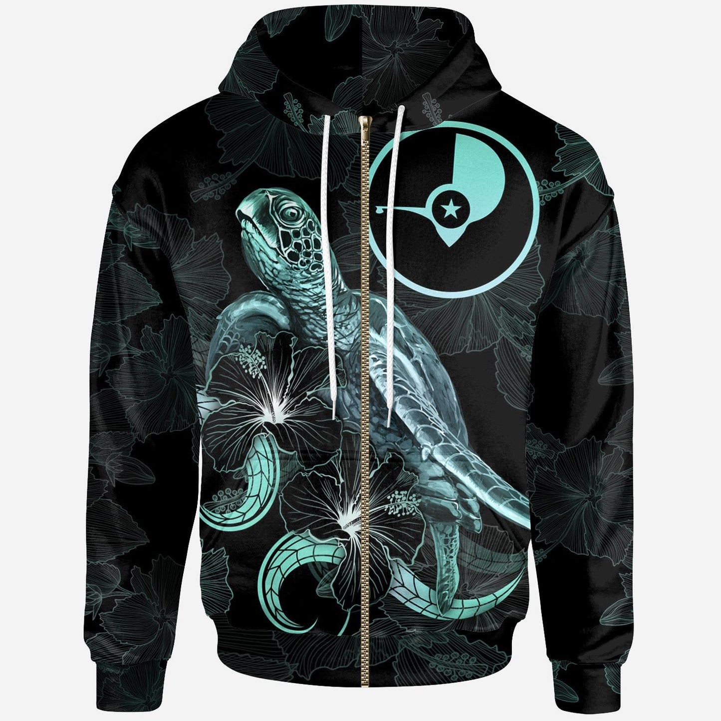Yap Polynesian Zip-Up Hoodie Turtle With Blooming Hibiscus Turquoise