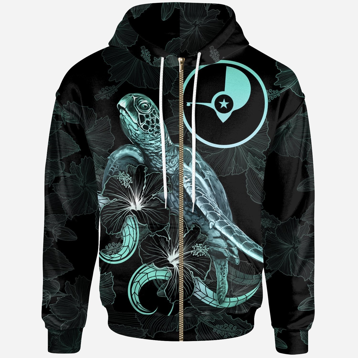 Yap Polynesian Zip-Up Hoodie Turtle With Blooming Hibiscus Turquoise