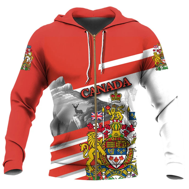 Red Canada Coat Of Arms Hoodie Unisex Canada Flag Maple Leaf Zip Hoodie