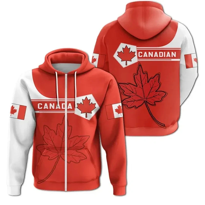 Red Canada Hoodie Unisex Canada Flag Maple Leaf Zip Hoodie
