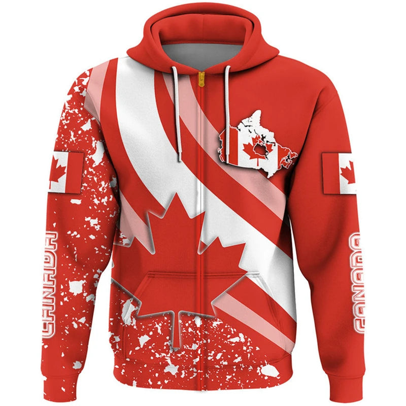 Red Canada Map Hoodie Unisex Canada Flag Maple Leaf Zip Hoodie