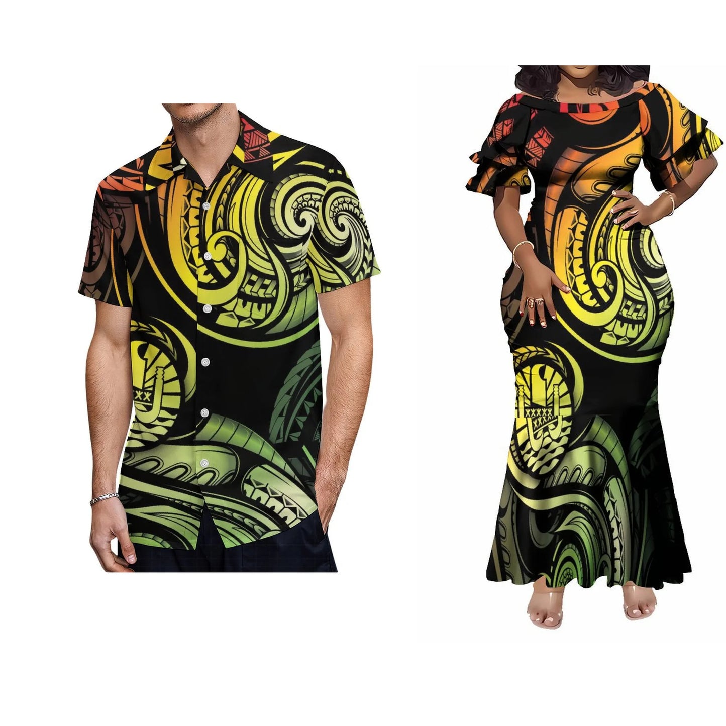 Polynesian Tribal Tropical Print Reggae Matching Outfit For Her Him Fishtail Skirt Dress And Shirt