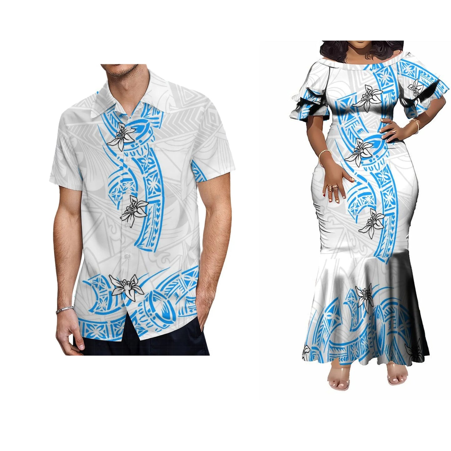 Polynesian Tribal Pattern White Matching Outfit For Her Him Island Fishtail Skirt Dress And Shirt