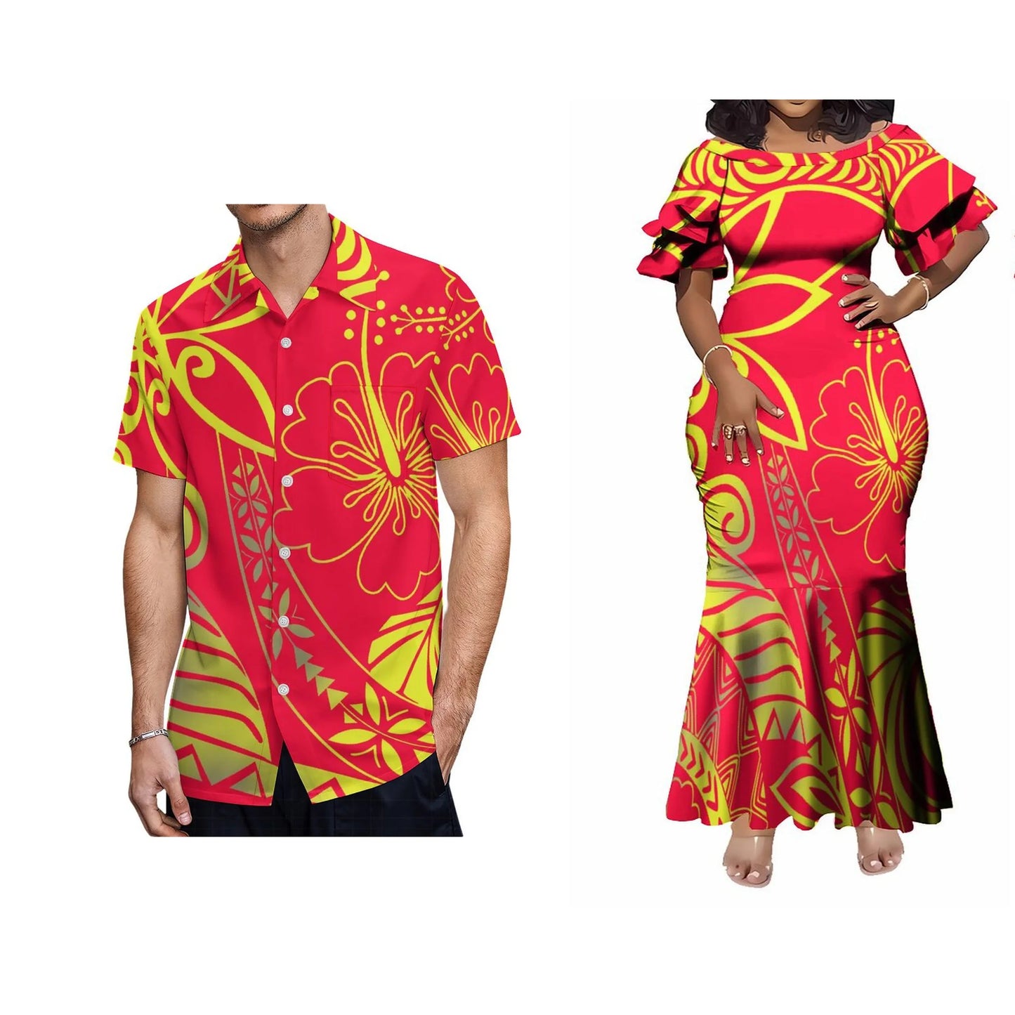 Flower Tropical Polynesian Traditional Red Matching Outfit For Coupler Island Pattern Fishtail Dress And Hawaiian Shirt