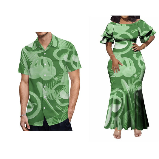 Green Tropical Polynesian Tribal Traditional Matching Outfit For Coupler Island Pattern Fishtail Dress And Hawaiian Shirt For Him Her