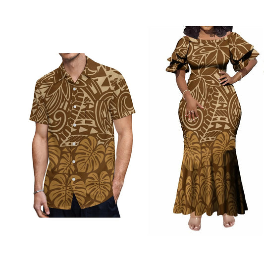Flower Leaf Pattern Tropical Polynesian Tribal Traditional Matching Outfit For Coupler Island Pattern Fishtail Dress And Hawaiian Shirt