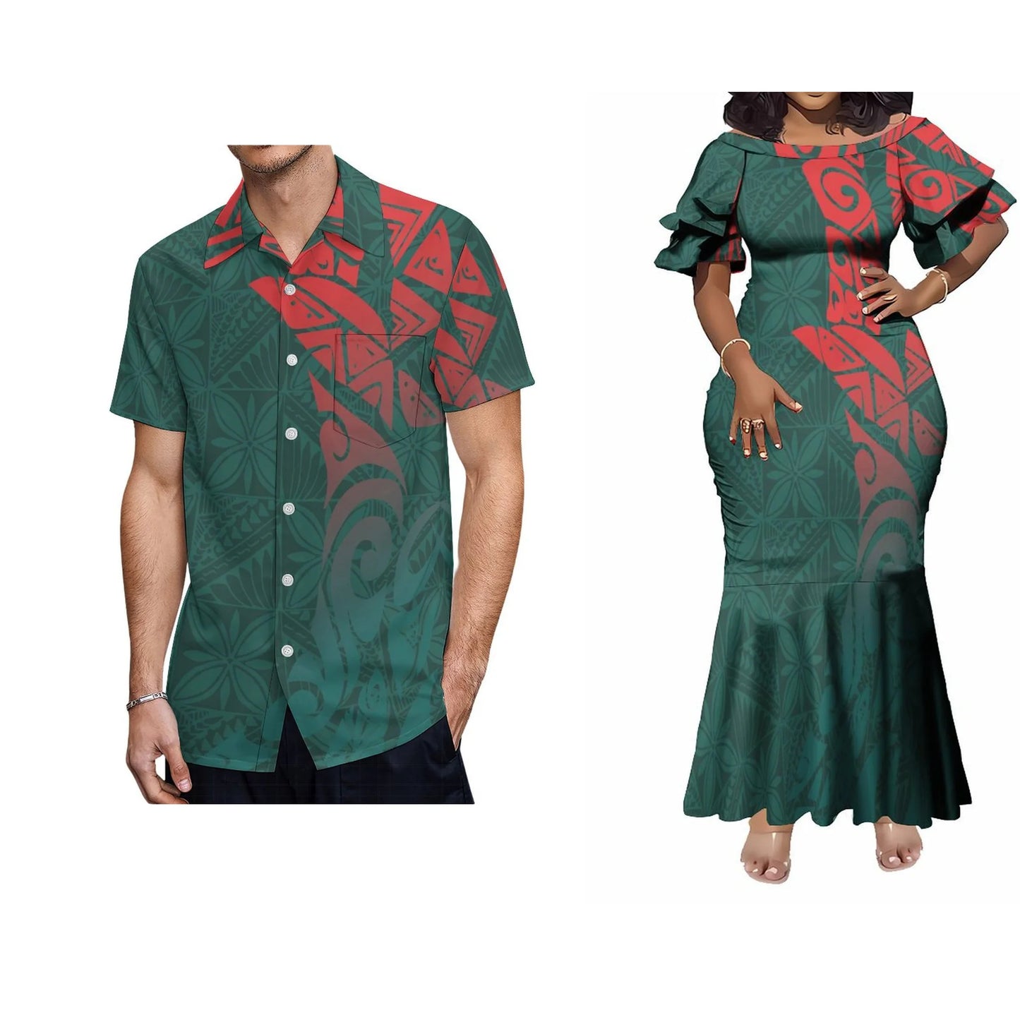 Samoa Polynesian Tribal Fishtail Skirt Dress And Shirt Matching Outfit For Couple