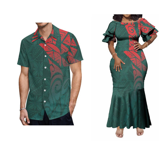 Samoa Polynesian Tribal Fishtail Skirt Dress And Shirt Matching Outfit For Couple