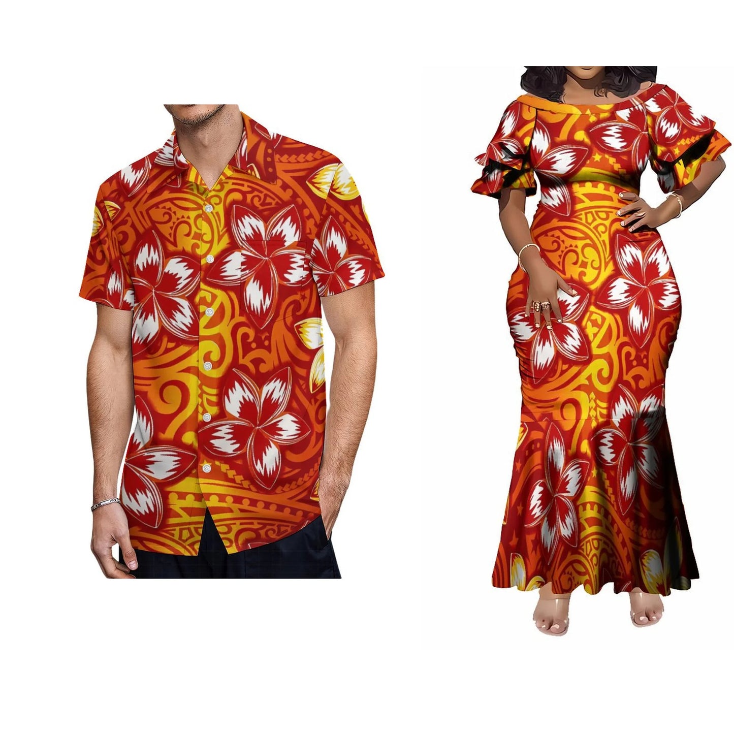 Samoa Polynesian Tribal Tropical Flowers Fishtail Skirt Dress And Shirt Matching Outfit For Couple