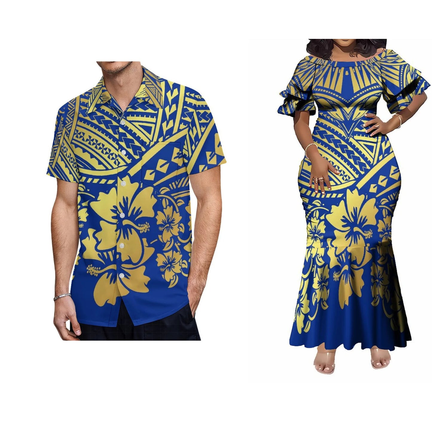 Samoa Polynesian Tribal Flowers Tropical Blue Fishtail Skirt Dress And Shirt Matching Outfit For Couple