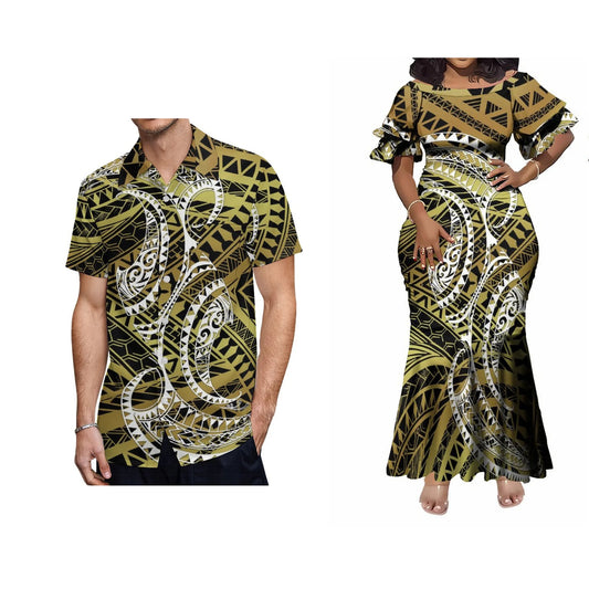 Tropical Polynesian Tribal Traditional Matching Outfit For Coupler Island Pattern Fishtail Dress And Hawaiian Shirt