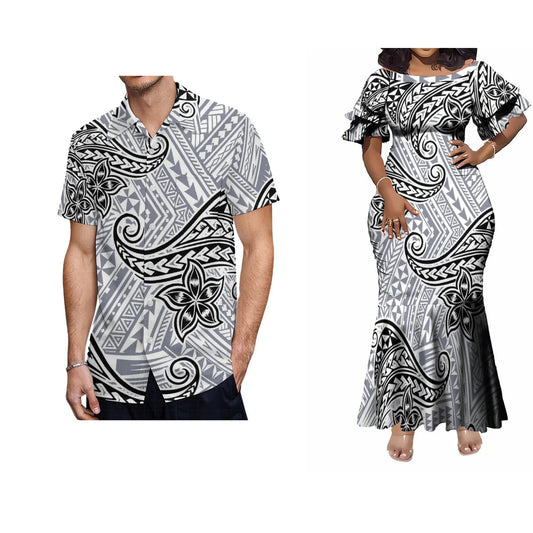 Samoa Polynesian Tribal White Fishtail Skirt Dress And Shirt Matching Outfit For Couple