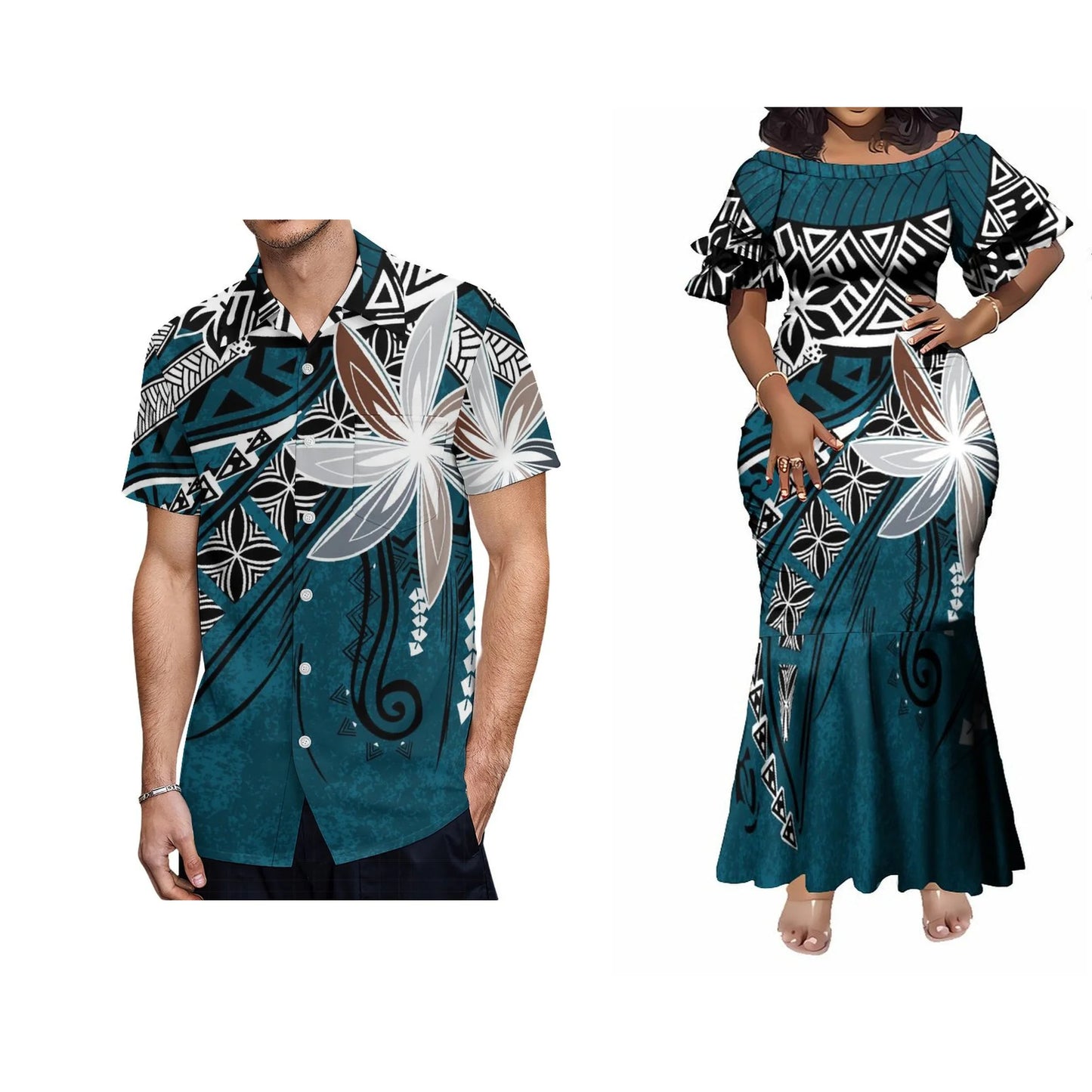 Flower Tropical Polynesian Tribal Traditional Blue Matching Outfit For Coupler Island Pattern Fishtail Dress And Hawaiian Shirt