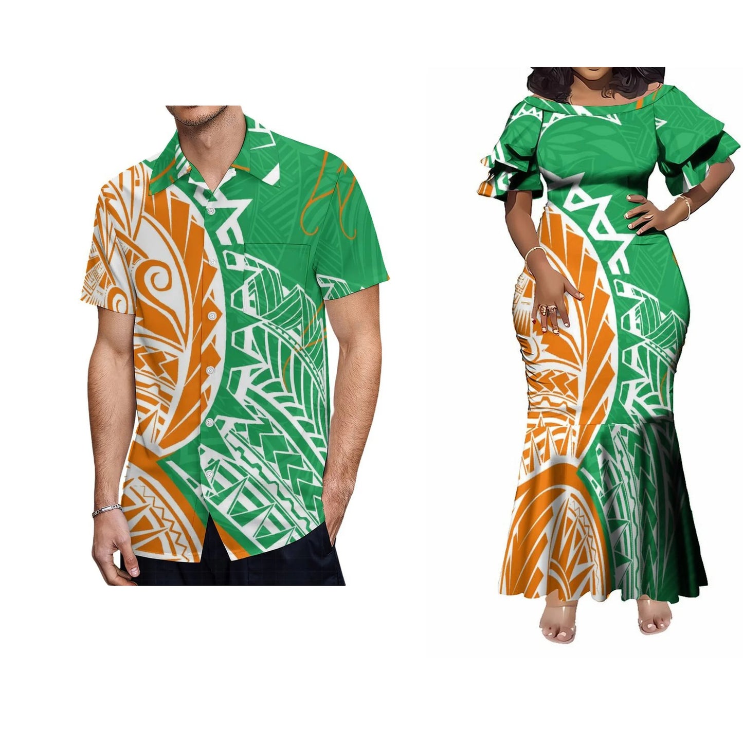 Samoa Polynesian Tribal Tropical Green Fishtail Skirt Dress And Shirt Matching Outfit For Couple