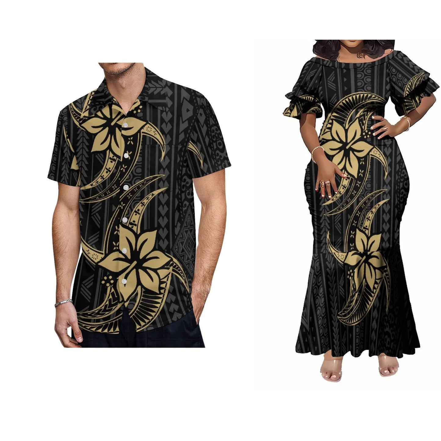 Polynesian Tribal Plumeria Pattern Black Matching Outfit For Her Him Island Fishtail Skirt Dress And Shirt