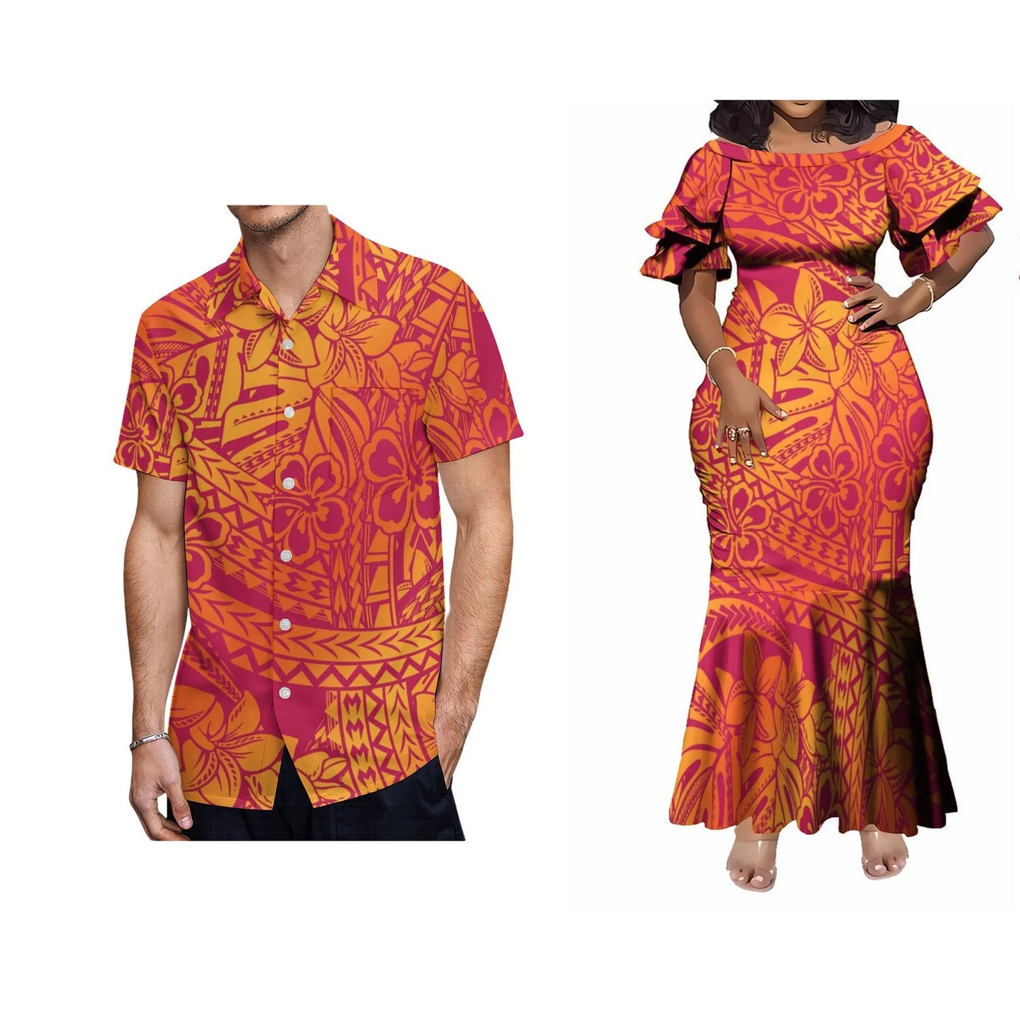 Flowers Tropical Polynesian Tribal Traditional Matching Outfit For Coupler Island Pattern Fishtail Dress And Hawaiian Shirt For Him Her