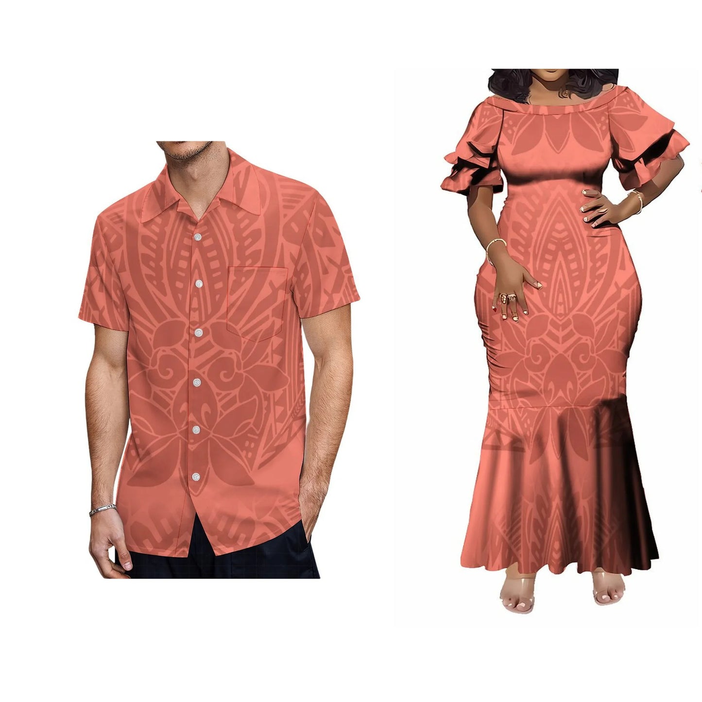 Tropical Polynesian Tribal Traditional Matching Outfit For Coupler Island Pattern Fishtail Dress And Hawaiian Shirt For Him Her