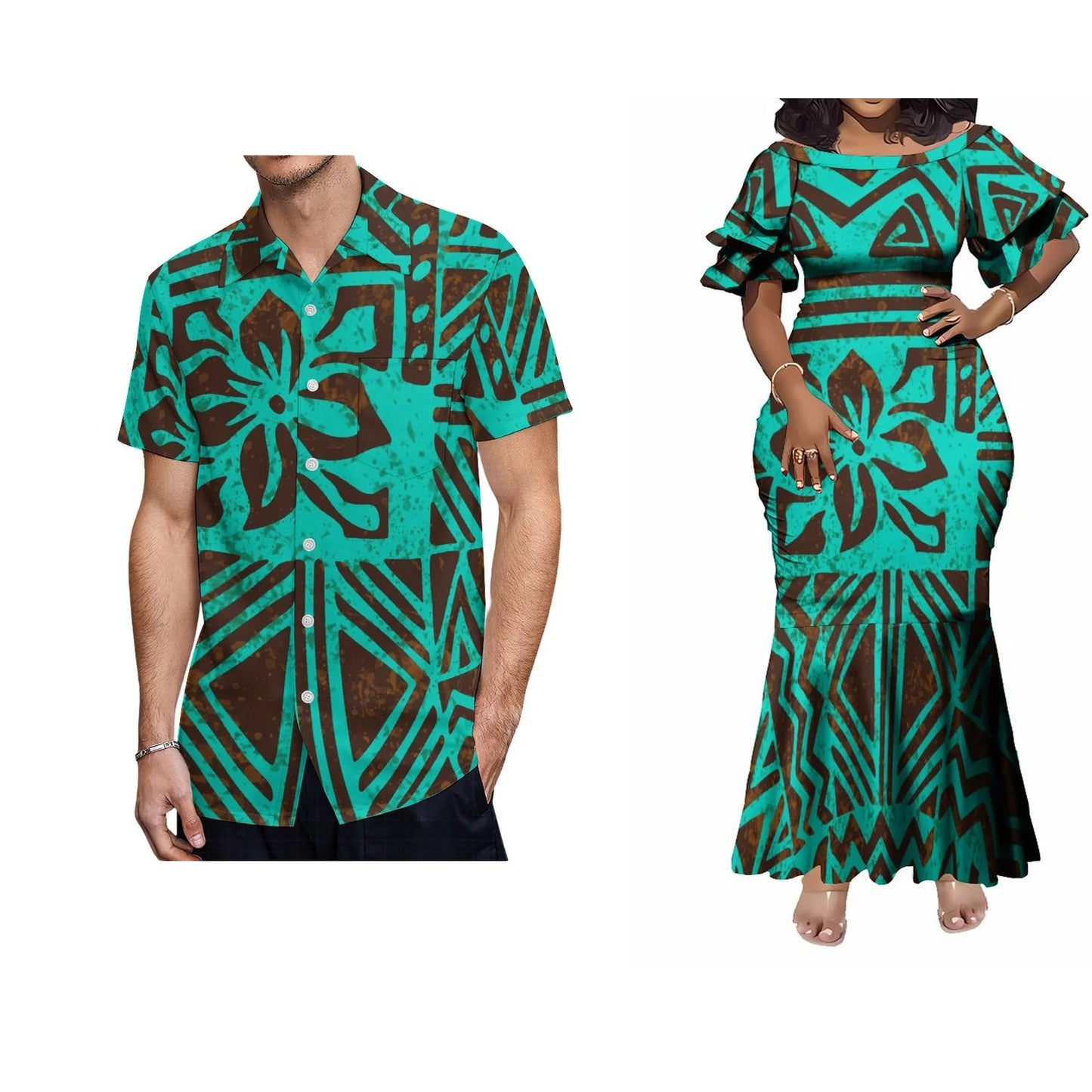 Samoa Polynesian Tribal Vintage Green Fishtail Skirt Dress And Shirt Matching Outfit For Couple