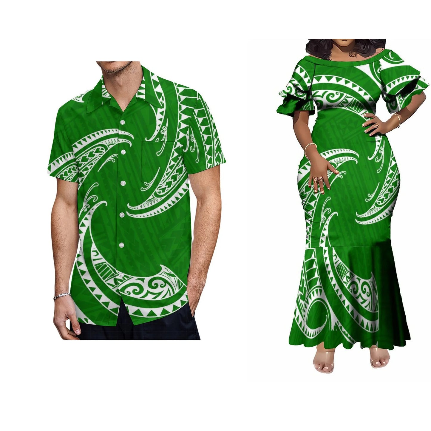 Samoa Polynesian Tribal Green Fishtail Skirt Dress And Shirt Matching Outfit For Couple