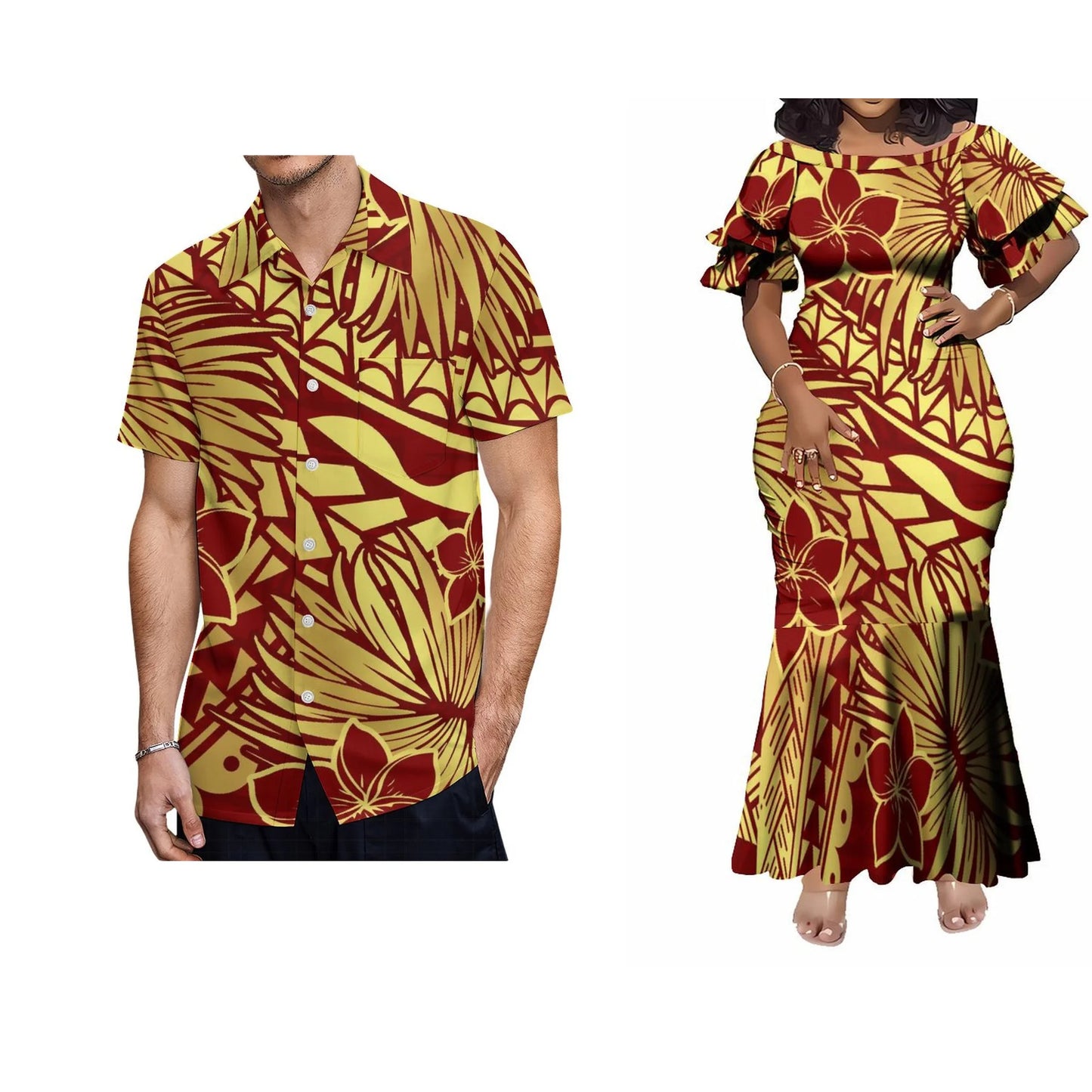 Samoa Polynesian Tribal Flowers Tropical Fishtail Skirt Dress And Shirt Matching Outfit For Couple