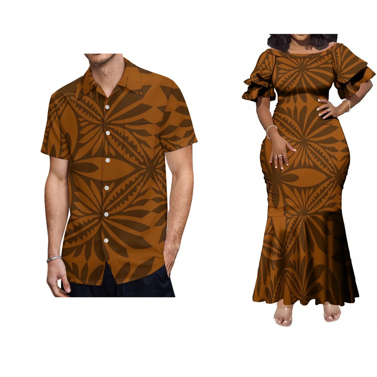 Polynesian Tribal Print Brown Matching Outfit For Her Him Fishtail Skirt Dress And Shirt