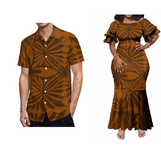 Polynesian Tribal Print Brown Matching Outfit For Her Him Fishtail Skirt Dress And Shirt