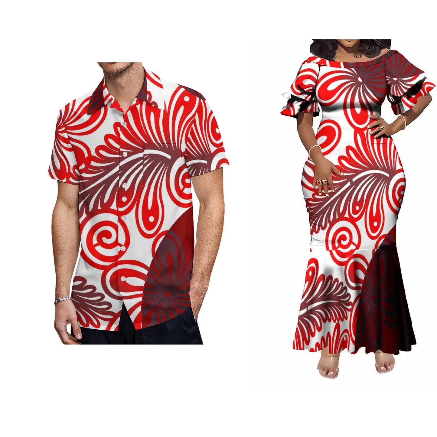 Polynesian Tribal Printed Matching Outfit For Her Him Red Flowers Island Fishtail Skirt Dress And Shirt