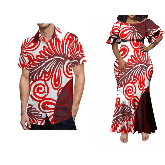 Polynesian Tribal Printed Matching Outfit For Her Him Red Flowers Island Fishtail Skirt Dress And Shirt