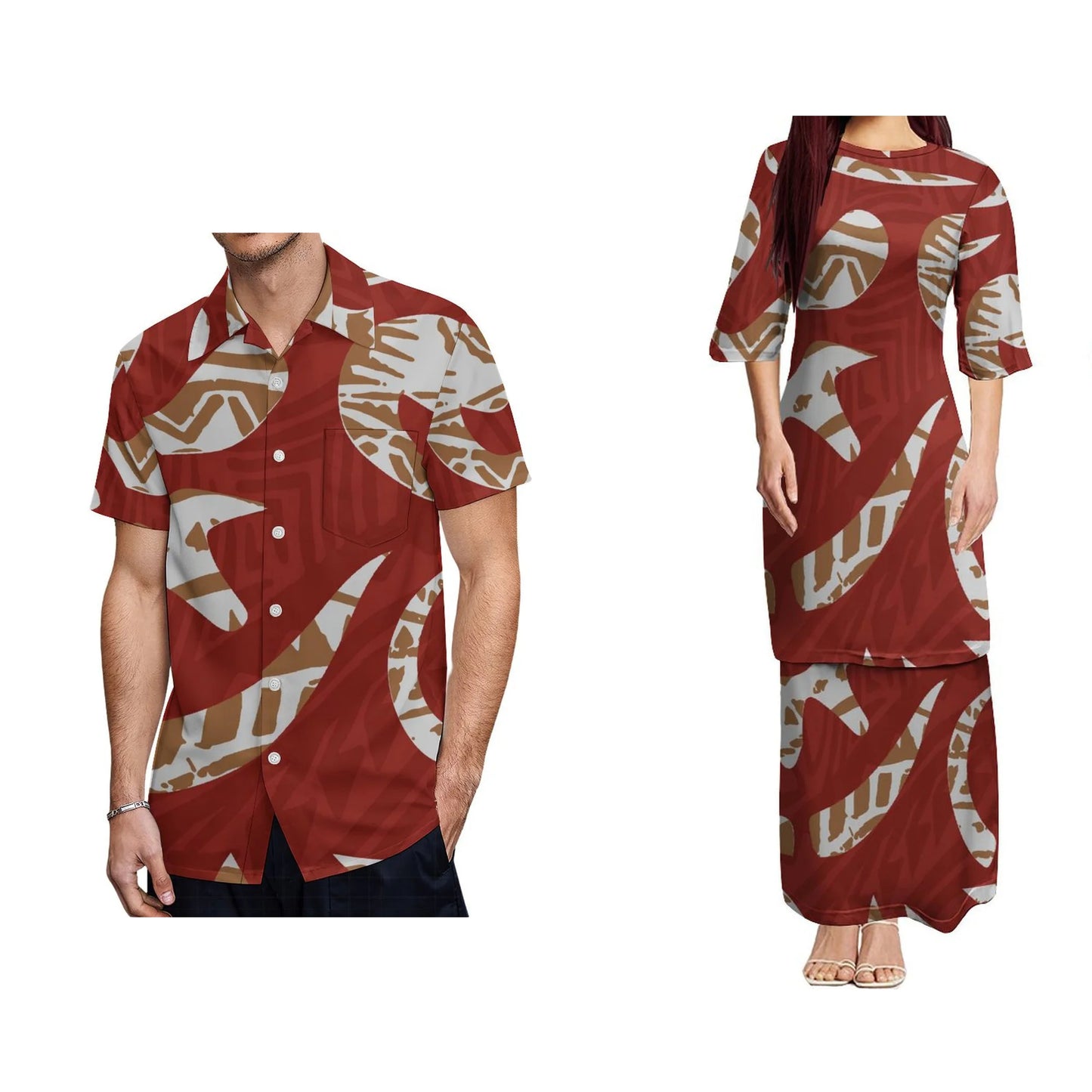 Polynesian Traditional Tribal Tropical Pattern Design Red Couples Dress Puletasi Suit Dress Hawaiian Man Formal Shirt Summer Matching Outfit For Him Her