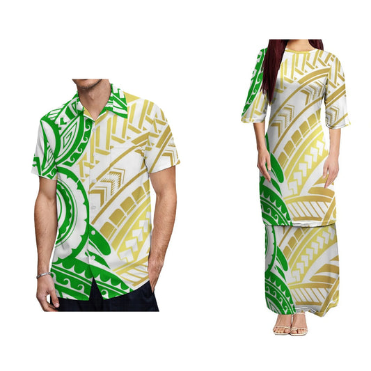 Polynesian Traditional Tribal Design Couples Dress Puletasi Suit Dress Hawaiian Man Formal Shirt Summer Matching Outfit For Him Her