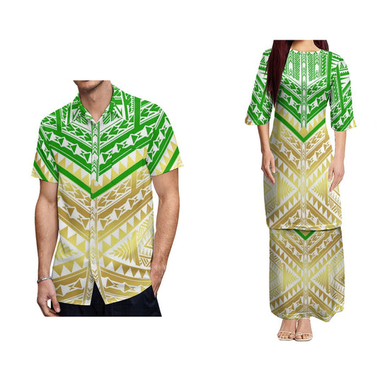 Polynesian Traditional Tribal Tropical Pattern Design Couples Dress Puletasi Suit Dress Hawaiian Man Formal Shirt Summer Matching Outfit For Him Her
