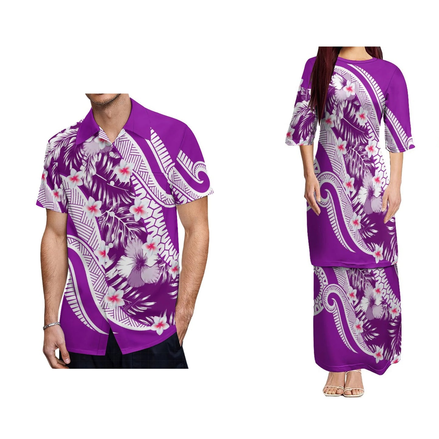 Polynesian Traditional Tribal Flowers Pattern Design Purple Couples Dress Puletasi Suit Dress Hawaiian Man Formal Shirt Summer Matching Outfit For Him Her
