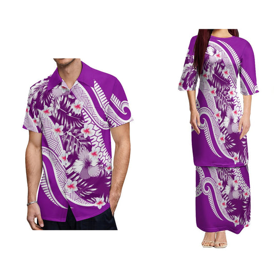 Polynesian Traditional Tribal Flowers Pattern Design Purple Couples Dress Puletasi Suit Dress Hawaiian Man Formal Shirt Summer Matching Outfit For Him Her