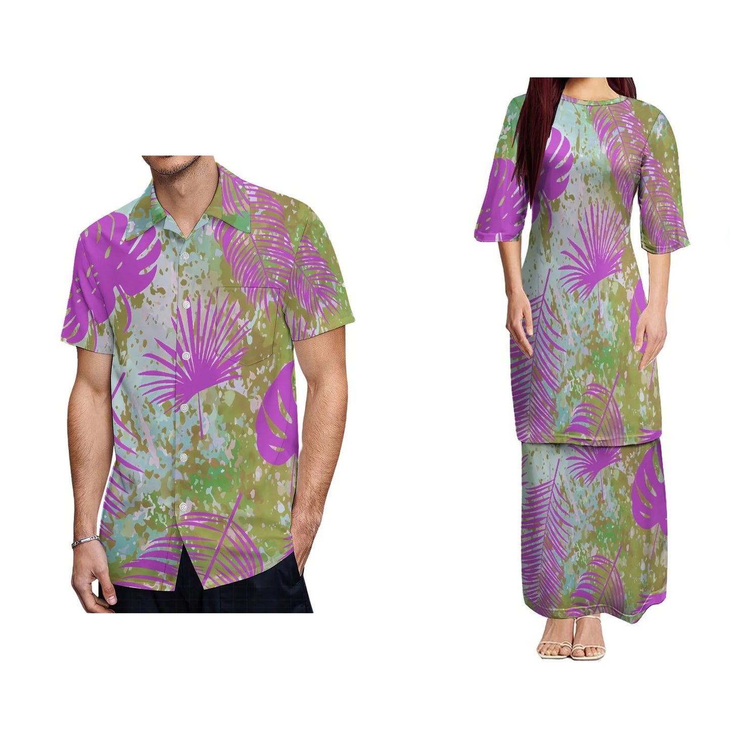 Polynesian Traditional Tropical Pattern Design Couples Dress Puletasi Suit Dress Hawaiian Man Formal Shirt Summer Matching Outfit For Him Her