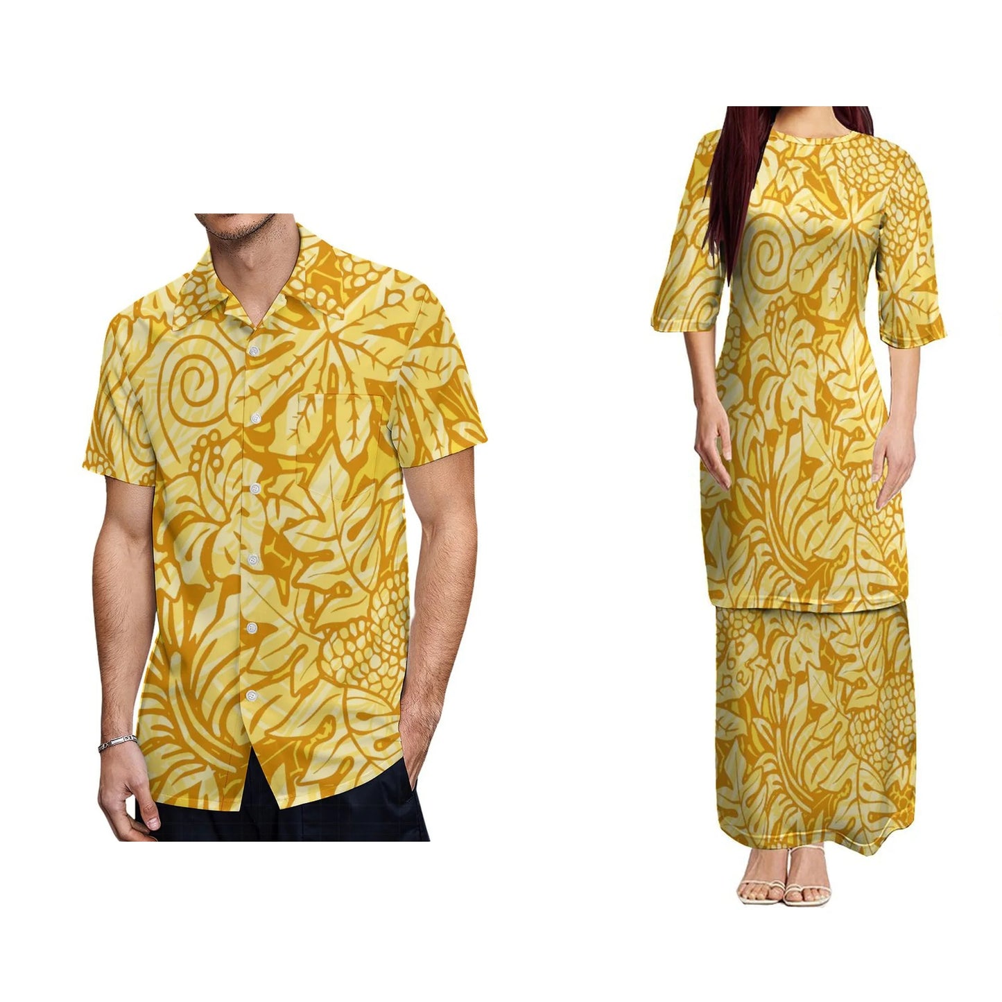 Polynesian Traditional Tribal Tropical Pattern Design Yellow Couples Dress Puletasi Suit Dress Hawaiian Man Formal Shirt Summer Matching Outfit For Him Her