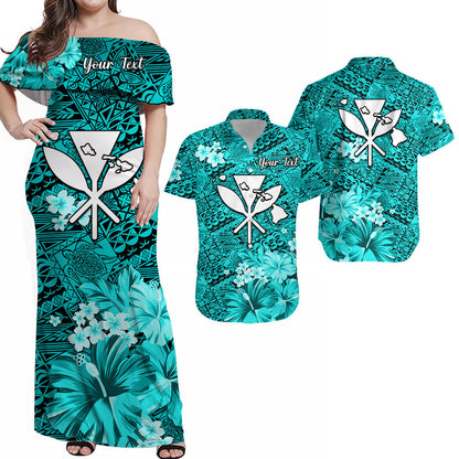 (Custom Personalised) Hawaii Matching Outfit For Couple Combo Dress and Hawaiian Shirt Map and Turtle Turquoise Flowers
