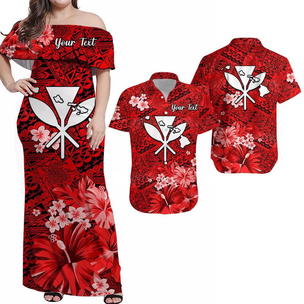 (Custom Personalised) Hawaii Couple Outfits Combo Dress and Hawaiian Shirt Map and Turtle Red Flowers