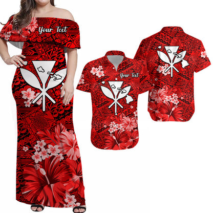 (Custom Personalised) Hawaii Couple Outfits Combo Dress and Hawaiian Shirt Map and Turtle Red Flowers