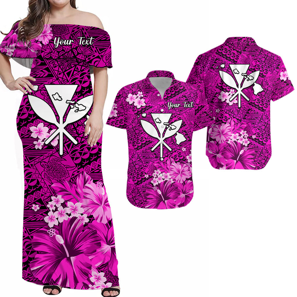 (Custom Personalised) Hawaii Couple Outfits Combo Dress and Hawaiian Shirt Map and Turtle Pink Flowers