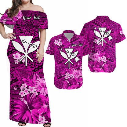 (Custom Personalised) Hawaii Couple Outfits Combo Dress and Hawaiian Shirt Map and Turtle Pink Flowers